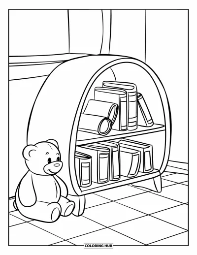 Coloriage d'étagère à livres pour enfants : Bibliothèque arrondie à trois niveaux avec un ours en peluche sur un sol à carreaux