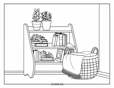 Coloriage d'étagère à livres pour enfants : Étagère de contes de fées avec des plantes et une couverture douillette à côté