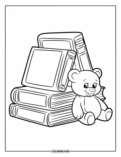 Coloriage d'étagère à livres pour enfants : Petite étagère arrondie avec de grands livres et un ours en peluche à côté
