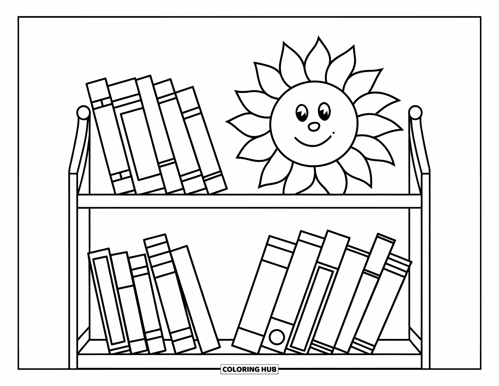 Bookshelf Coloring Page for Kids: Simple shelf with big picture books and a cheerful sun on the wall