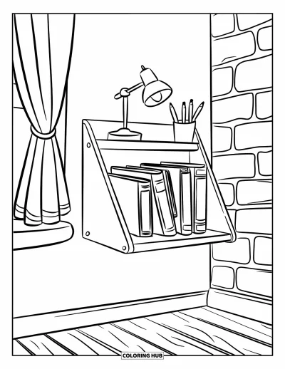 Coloriage d'étagère à livres pour enfants : Étagère de carnets de croquis avec une lampe et une tasse sur un mur en briques