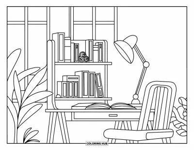 Coloriage d'étagère à livres pour enfants : Bureau d'étude avec des livres, des plantes et un fauteuil confortable près d'une fenêtre