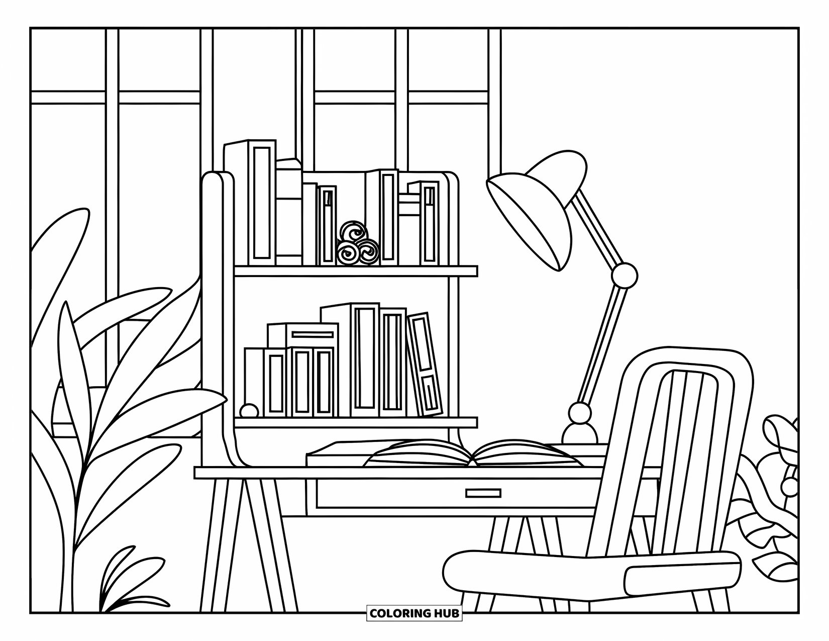 Bookshelf Coloring Page for Kids: Study desk with books, plants, and a cozy chair near a window