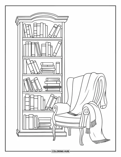 Coloriage d'étagère à livres pour enfants : Grande bibliothèque remplie de romans et une écharpe posée sur une chaise à côté