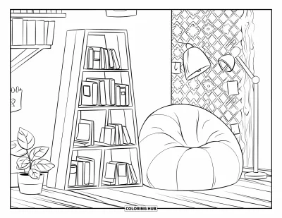 Coloriage d'étagère à livres pour enfants : Grande étagère avec un pouf, des livres, des notes, une lampe et une plante en pot