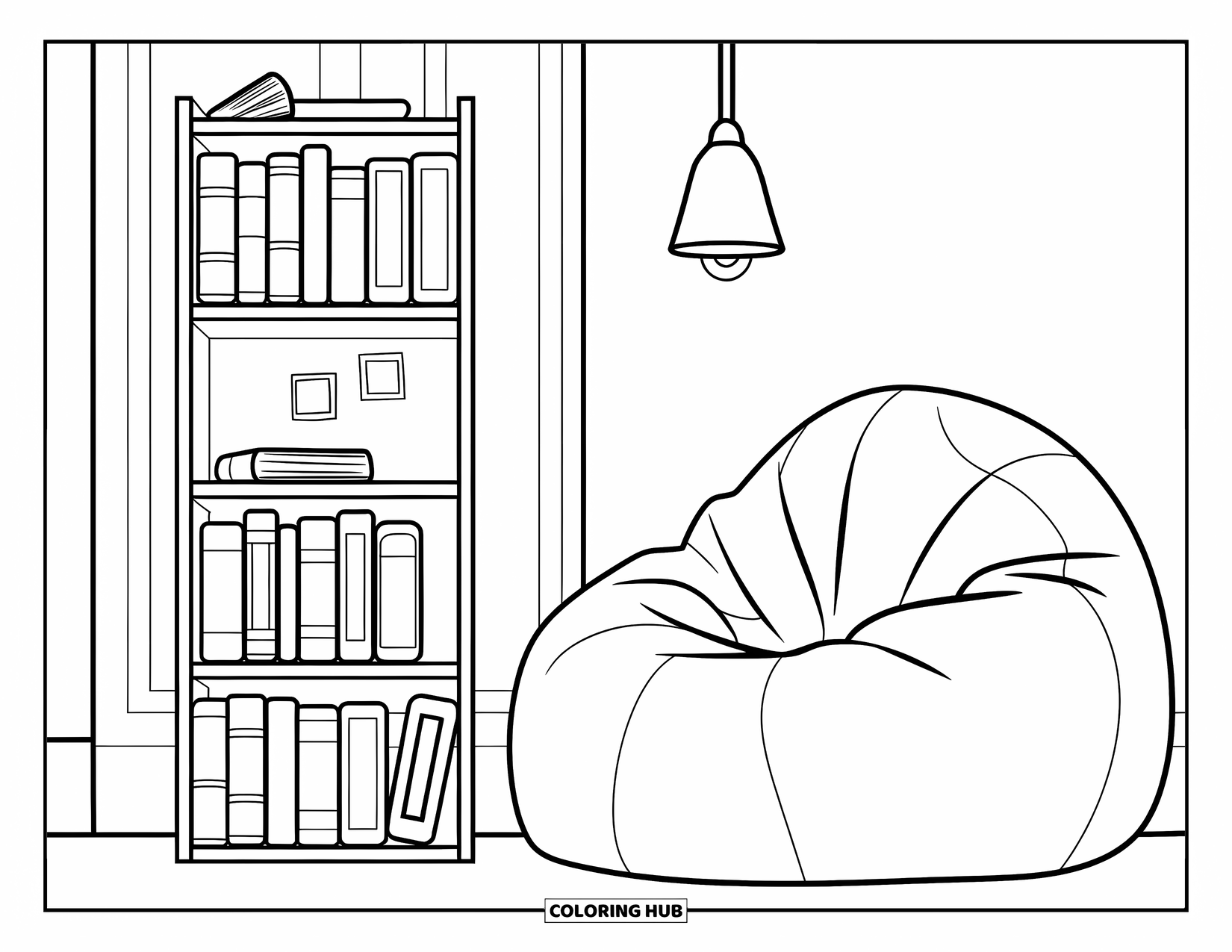 Bookshelf Coloring Page for Kids: Tall shelf beside a bean bag filled with books, notes, and a cozy lamp