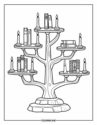 Coloriage d'étagère à livres pour enfants : Étagère en branches d'arbre avec des livres de fantasy et des bougies