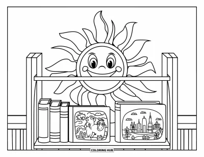 Coloriage d'étagère à livres pour enfants : Meuble à deux étagères avec un soleil souriant et des couvertures de livres amusantes