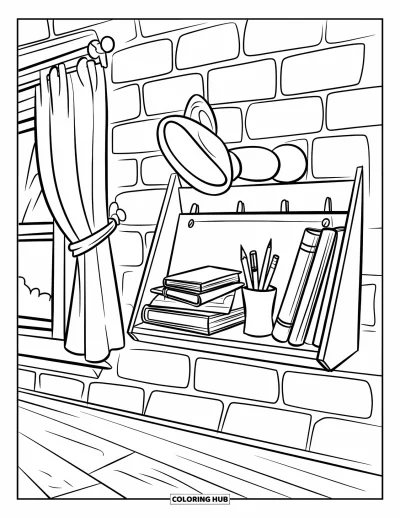 Coloriage d'étagère à livres pour enfants : Étagère murale avec des carnets de croquis, une lampe et une vue sur des rideaux chaleureux