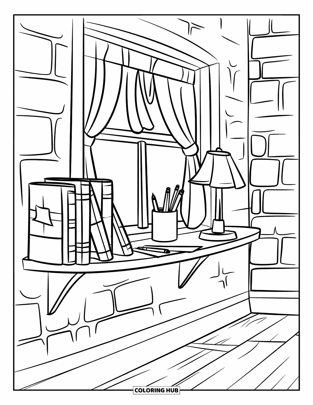 Bookshelf Coloring Page for Kids: Wall shelf with sketchbooks, a tiny lamp, and a pencil cup