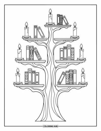 Coloriage d'étagère à livres pour enfants : Étagère arbre fantaisiste avec des livres et des bougies allumées