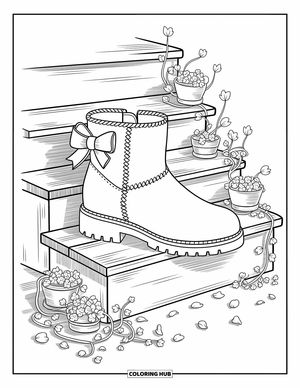 Boots Coloring Page for Adults: Ankle boot with a bow on a wooden step with plants and petals