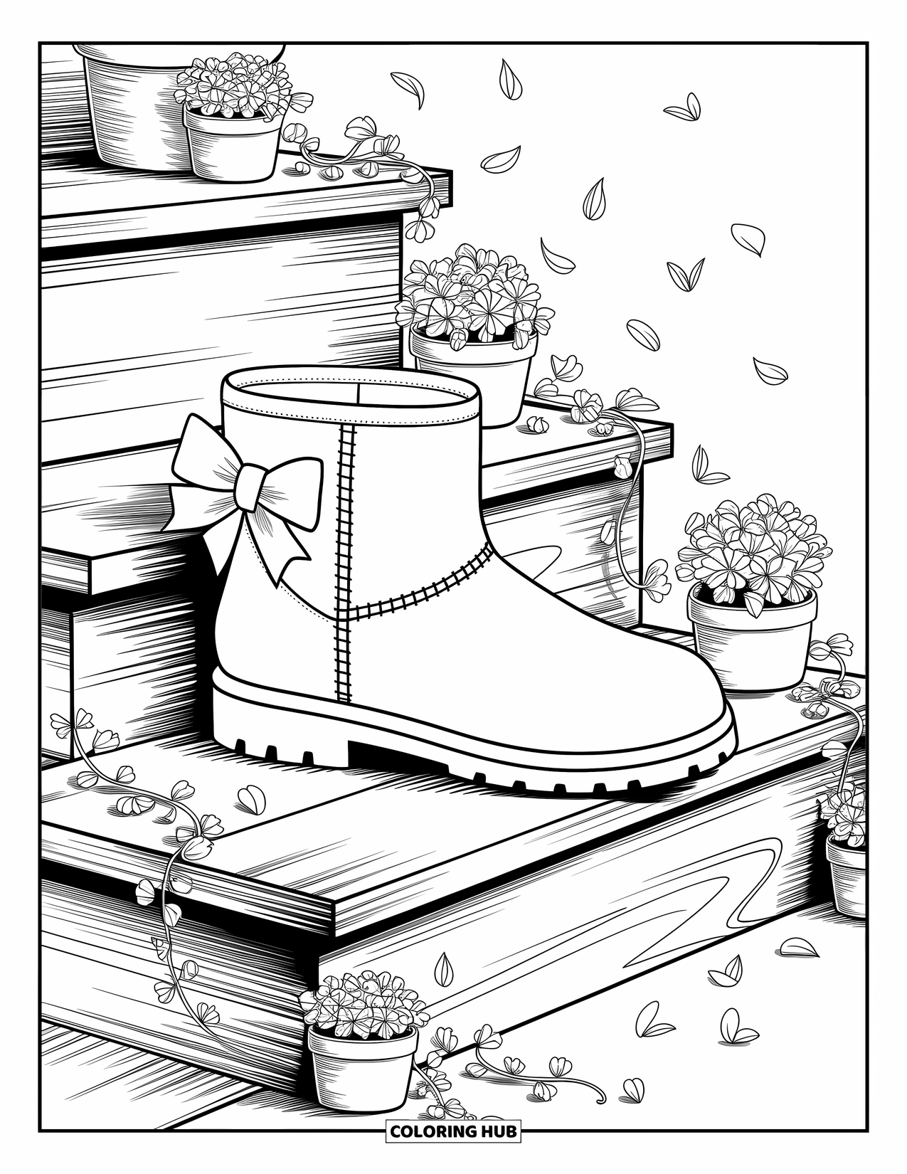 Boots Coloring Page for Adults: Ankle boot with ribbon bow on a step surrounded by plants and petals