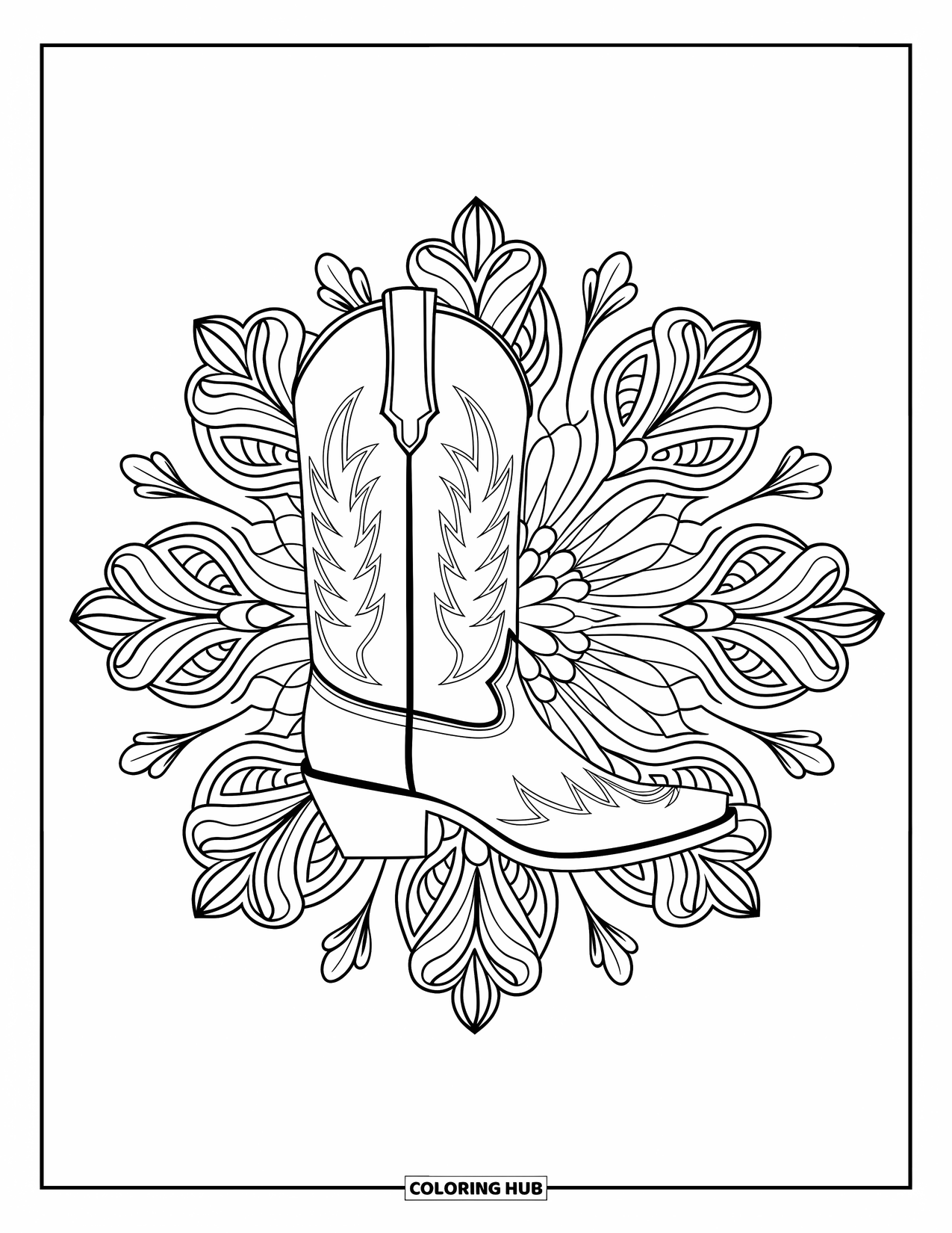 Boots Coloring Page for Adults: Cowboy boot with floral stitching inside a botanical mandala