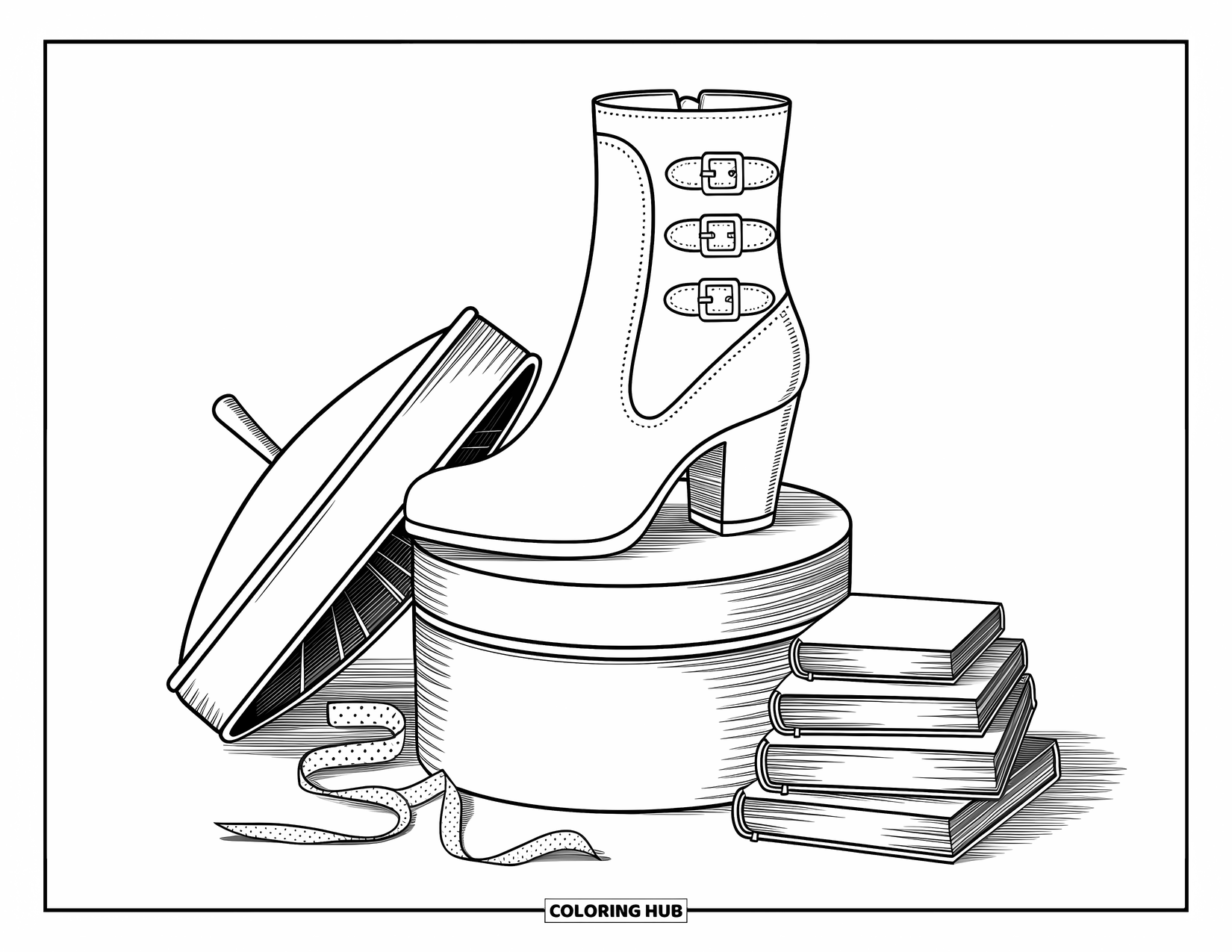 Boots Coloring Page for Adults: Heeled boot on a lace-adorned hatbox with books and a folded parasol