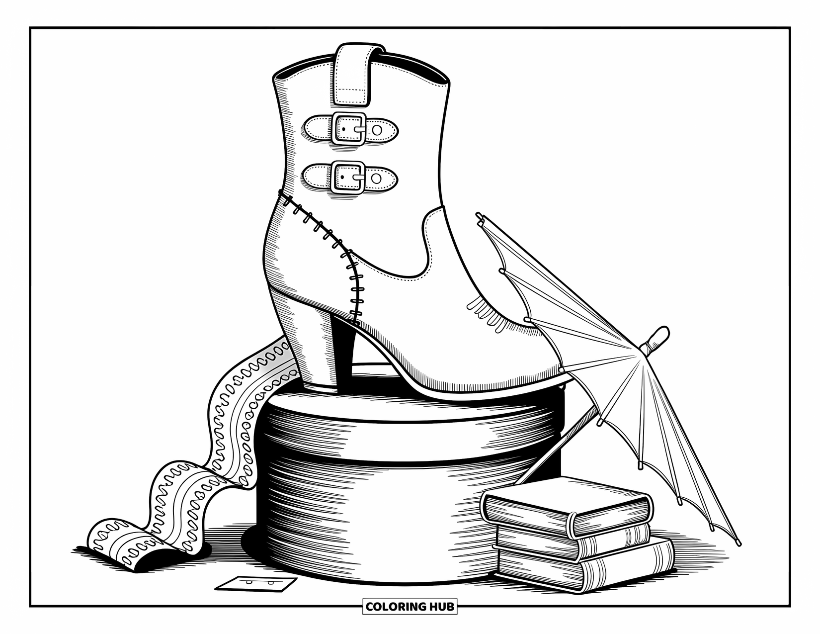 Boots Coloring Page for Adults: Heeled boot with stitched panel resting on a hatbox with lace and books