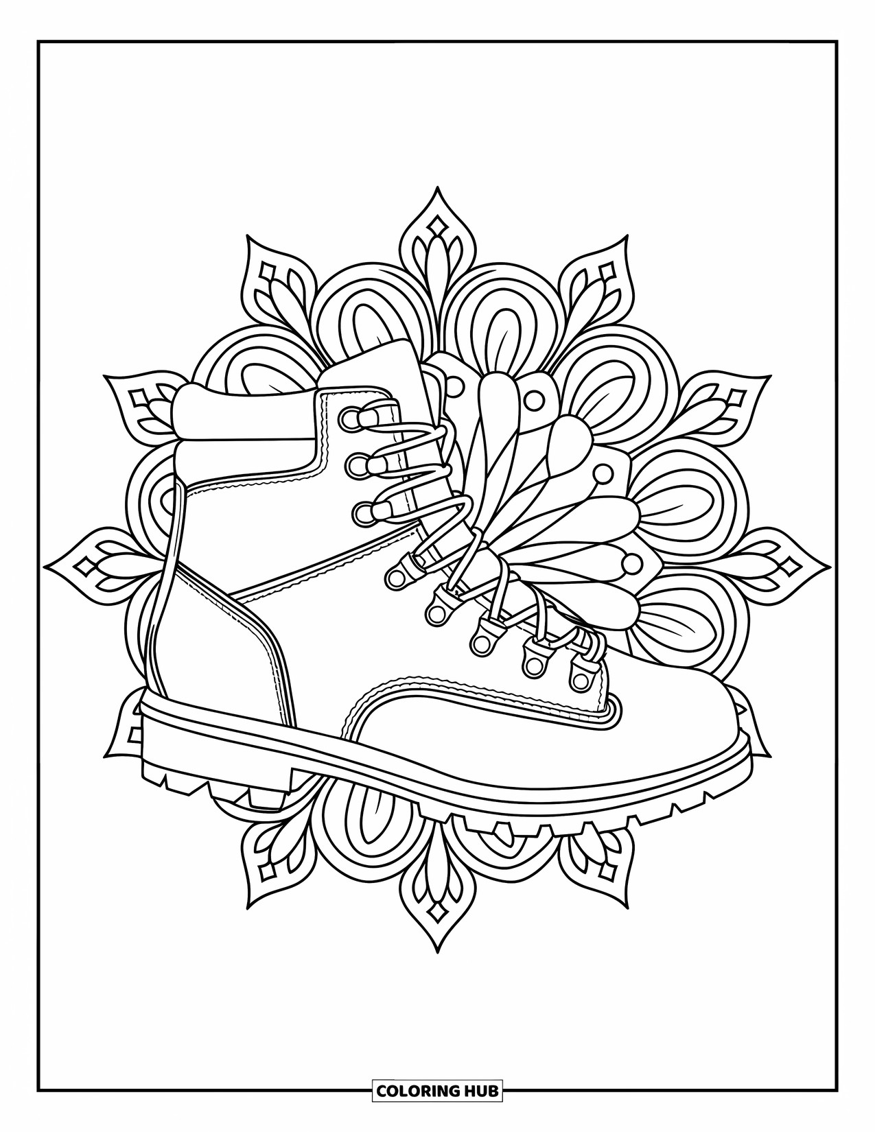 Boots Coloring Page for Adults: Hiking boot with deep tread surrounded by a floral mandala