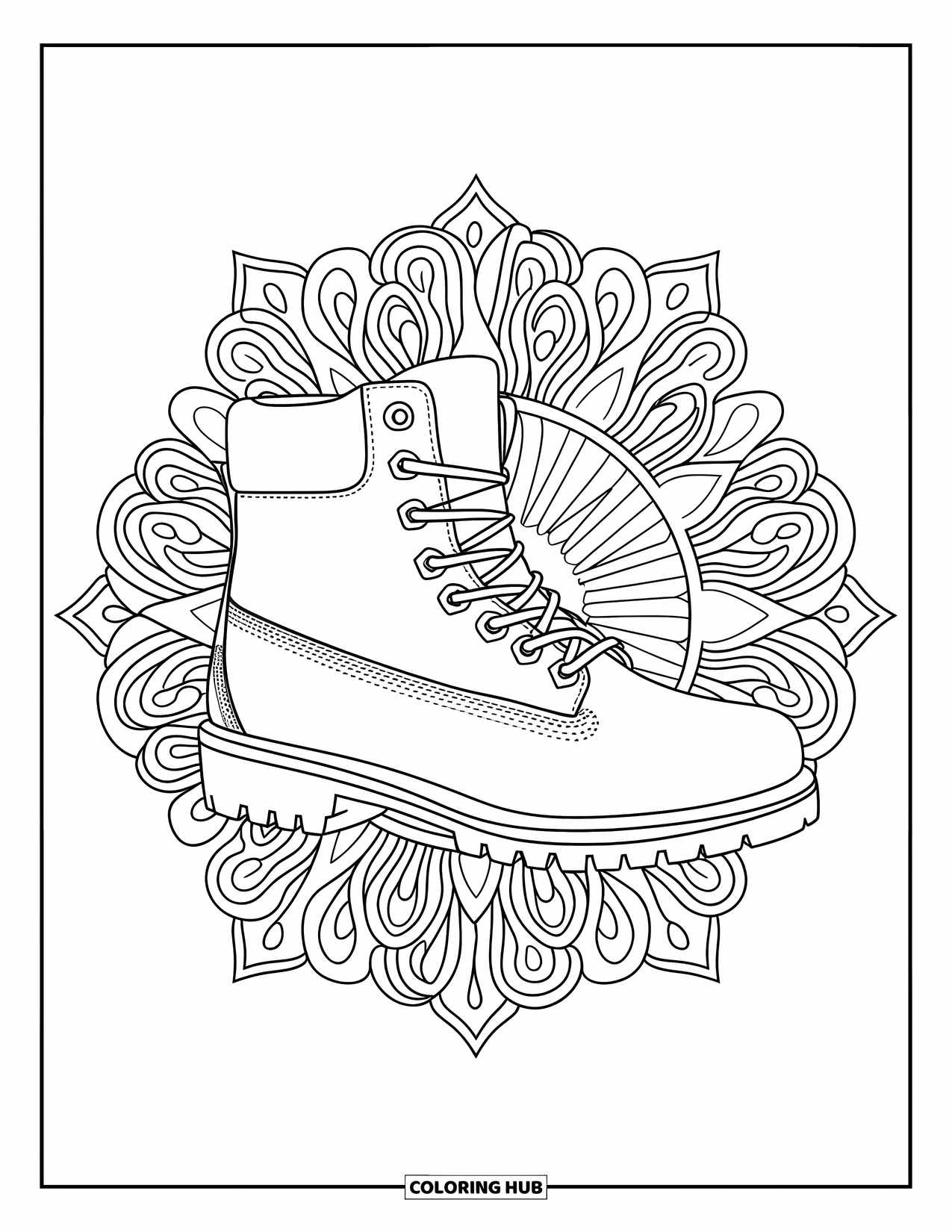 Boots Coloring Page for Adults: Hiking boot with floral mandala and intricate design details