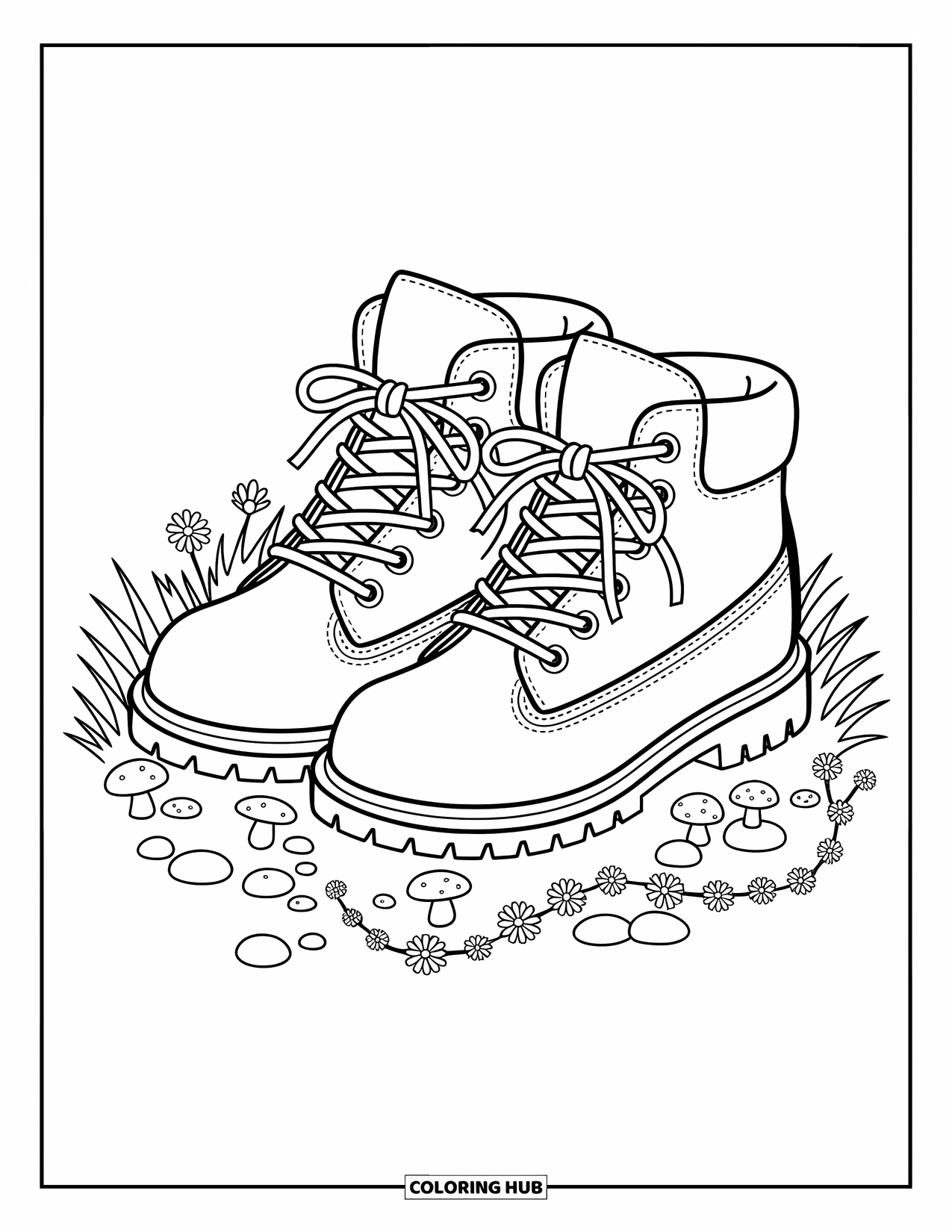 Boots Coloring Page for Adults: Hiking boots on grass with mushrooms, pebbles, and tiny wildflowers