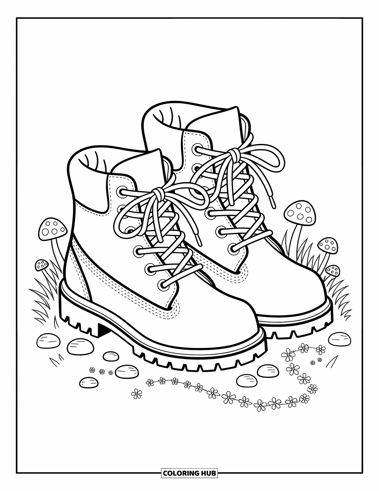 Boots Coloring Page for Adults: Hiking boots with plush collars on grass with mushrooms and flowers