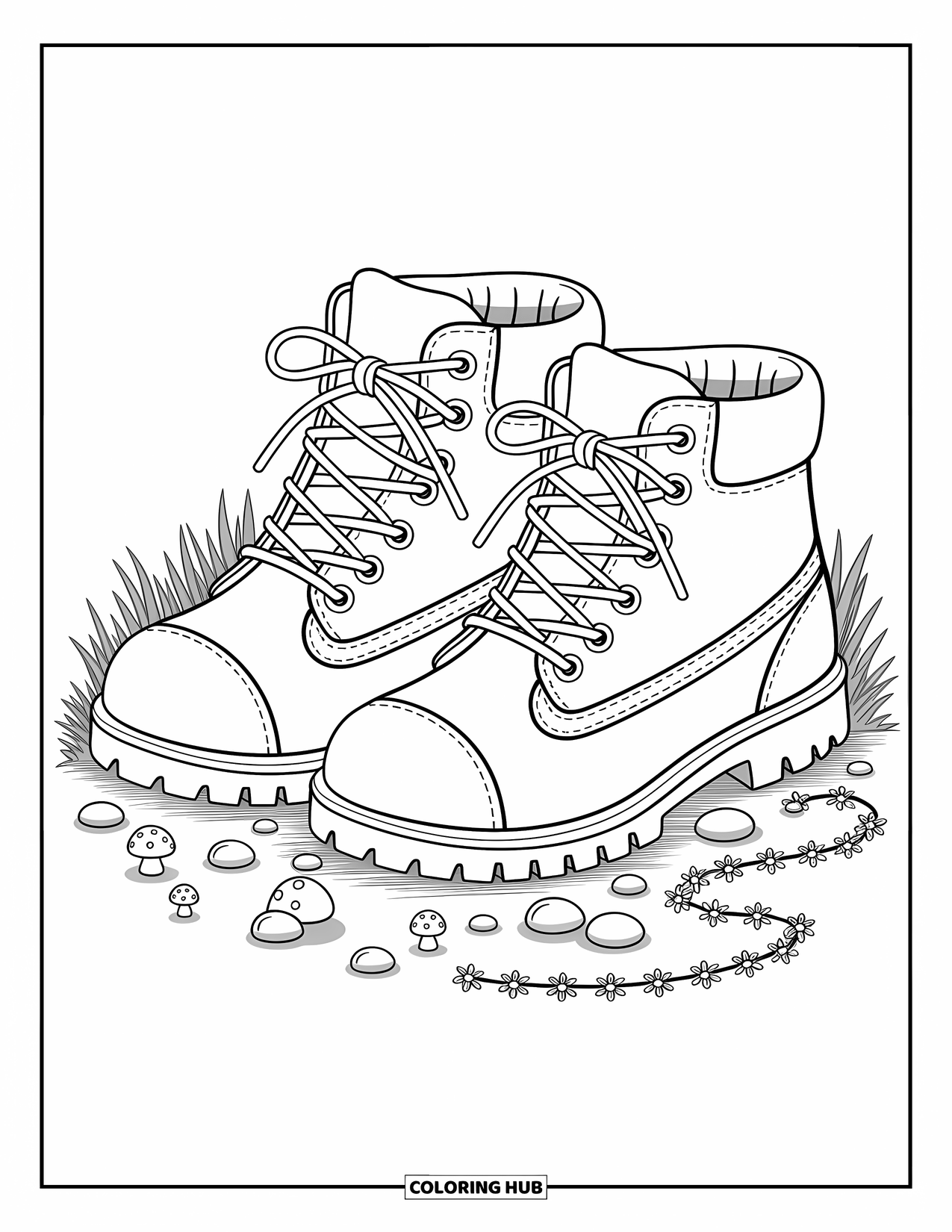 Boots Coloring Page for Adults: Lace-up hiking boots on grass with mushrooms, pebbles, and wildflowers
