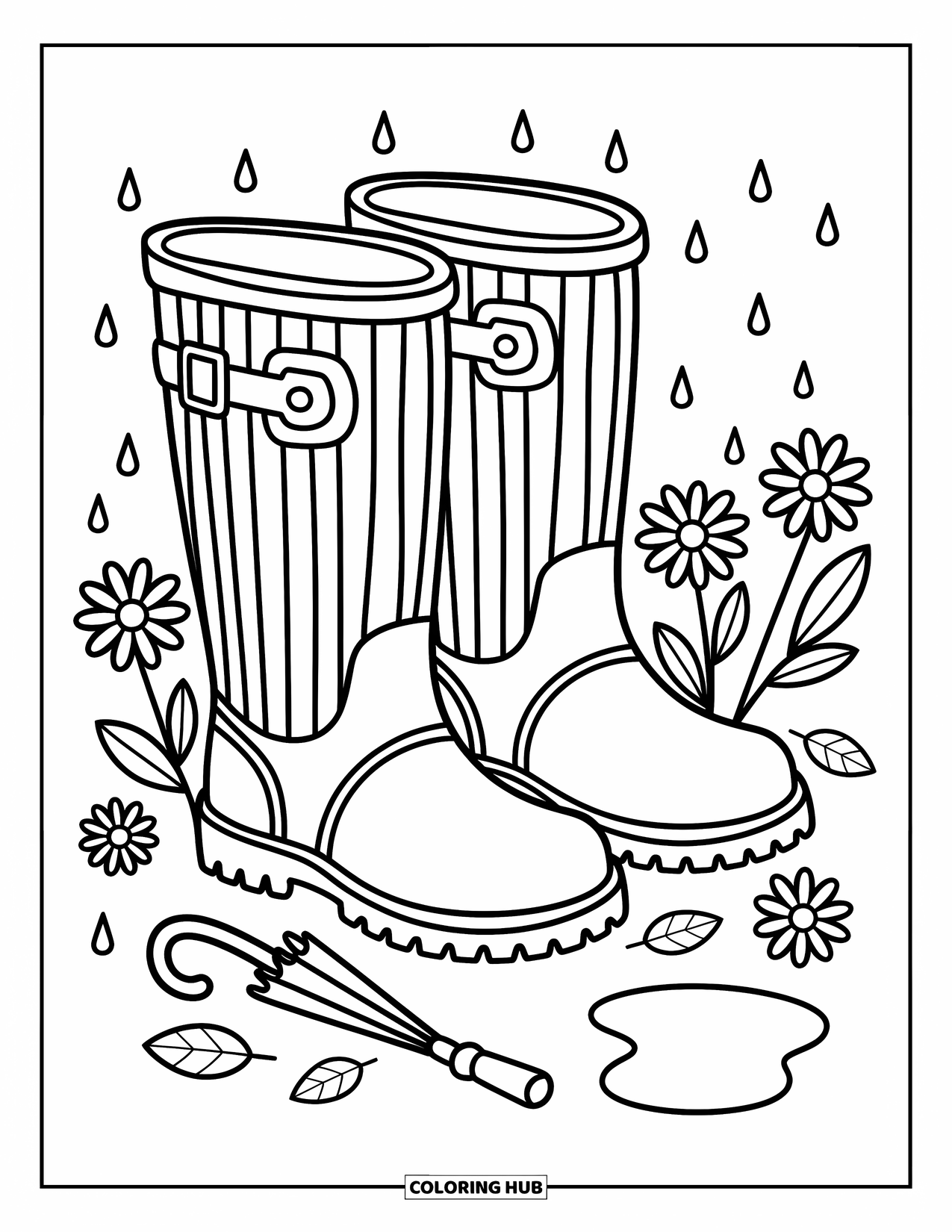 Boots Coloring Page for Adults: Tall rain boots with buckle straps, daisies, leaves, and an umbrella
