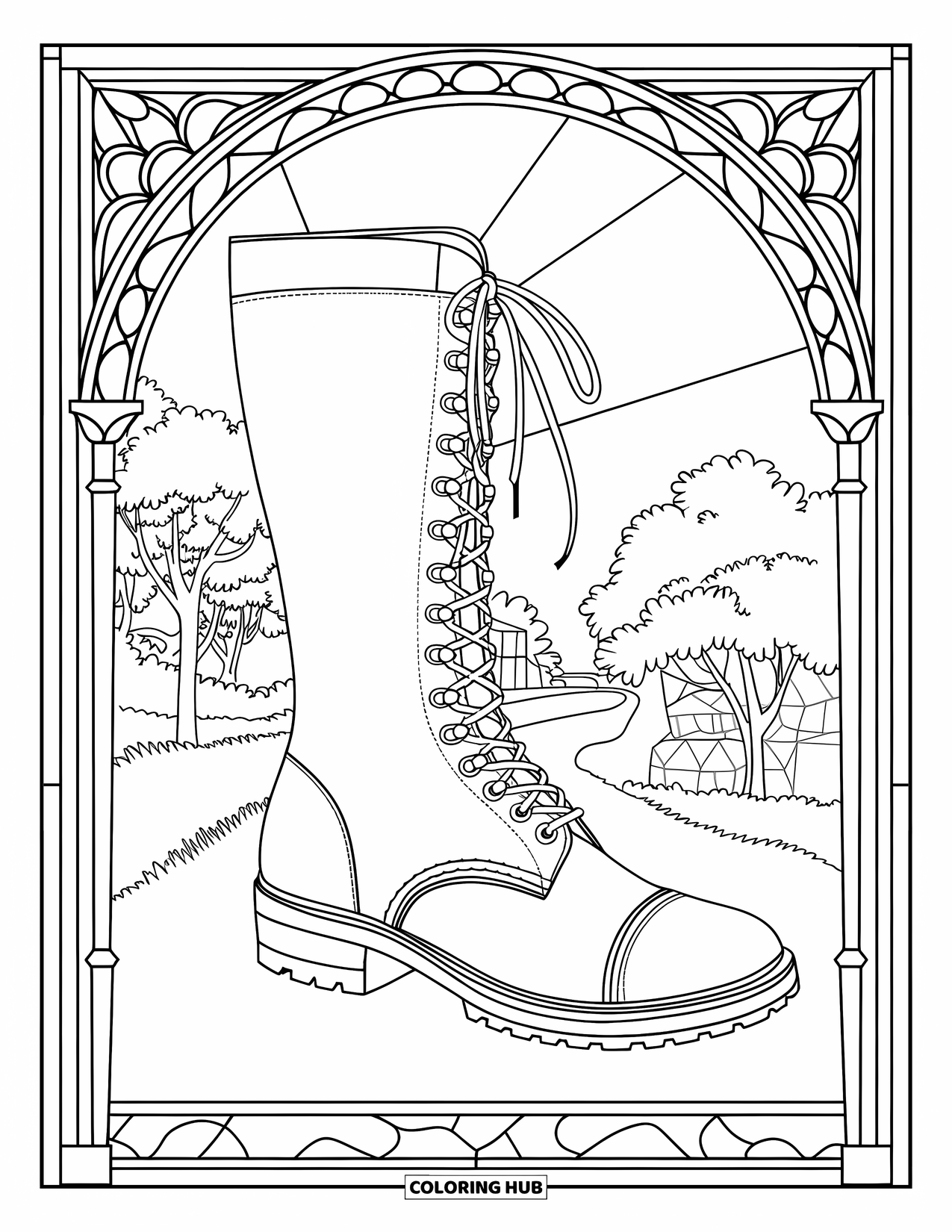 Boots Coloring Page for Adults: Victorian lace-up boot framed by stained glass with scenic landscape