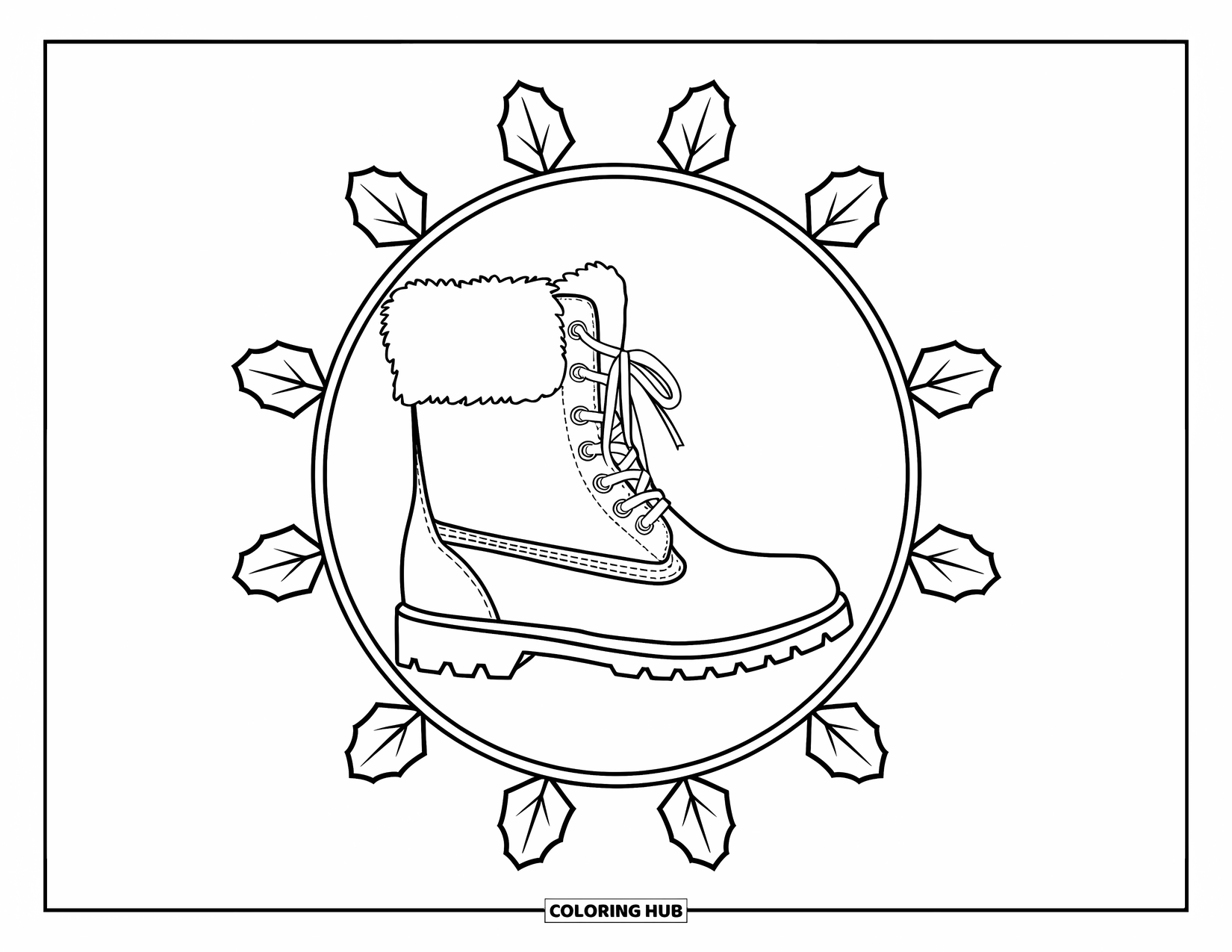 Boots Coloring Page for Adults: Winter boot with fur cuff and holly leaf stained glass border