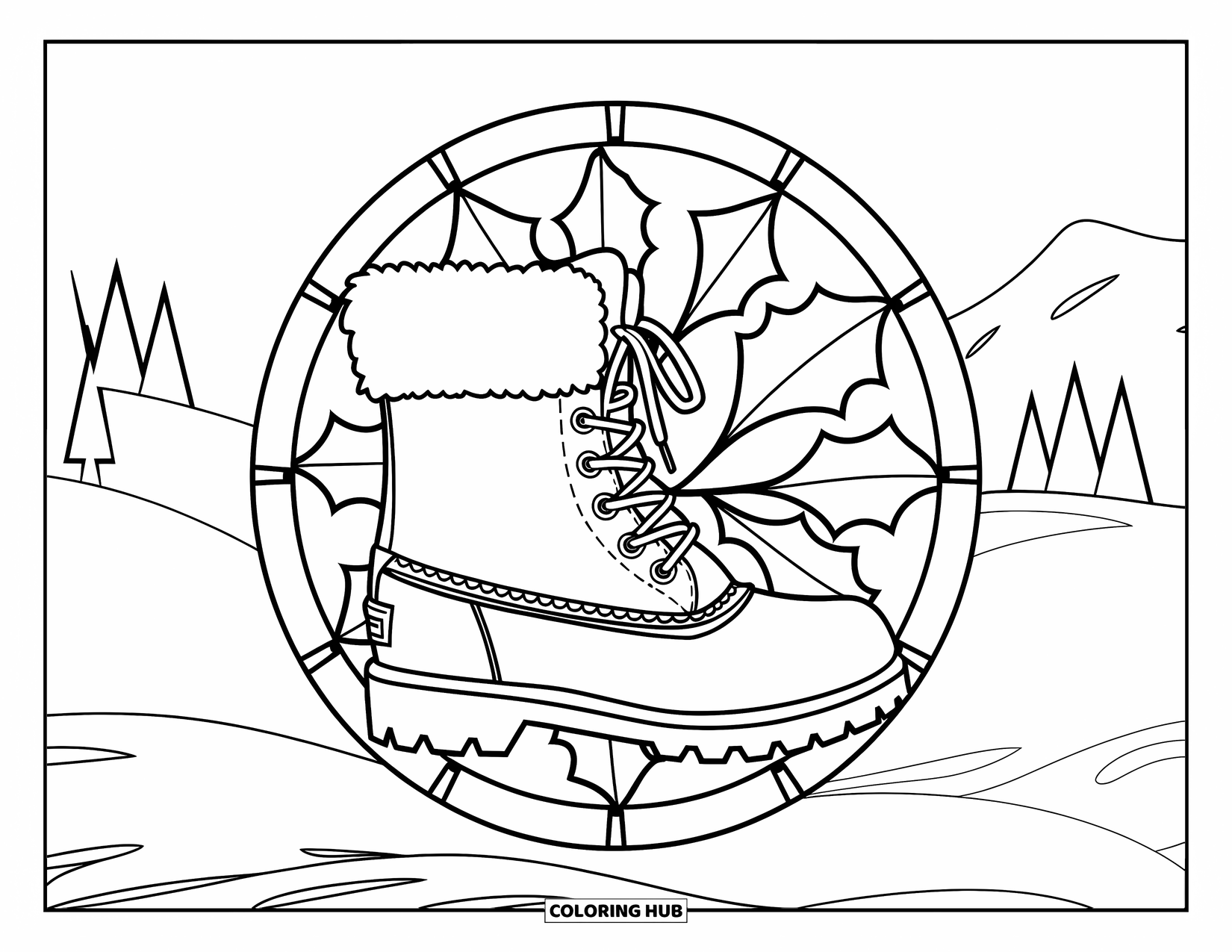 Boots Coloring Page for Adults: Winter boot with fur cuff inside holly leaf stained glass and snowy hills