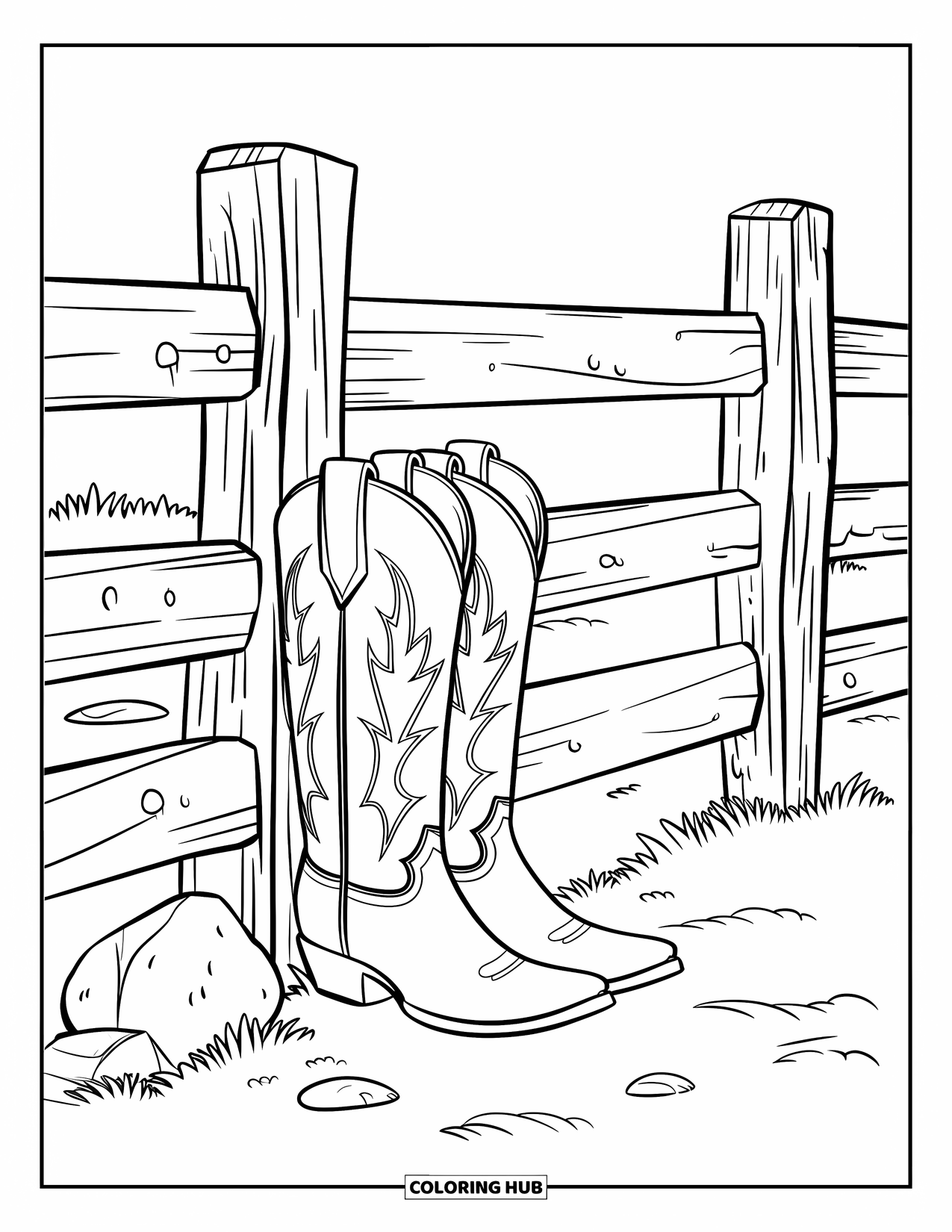 Boots Coloring Page for Kids: Cowboy boots against a fence with scattered stones nearby