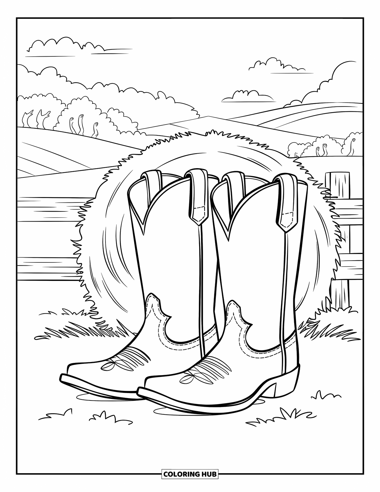 Boots Coloring Page for Kids: Cowboy boots before a hay bale with a scenic countryside view