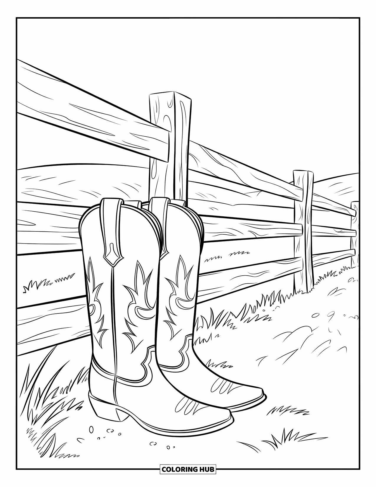 Boots Coloring Page for Kids: Cowboy boots by a fence with rolling hills in the background
