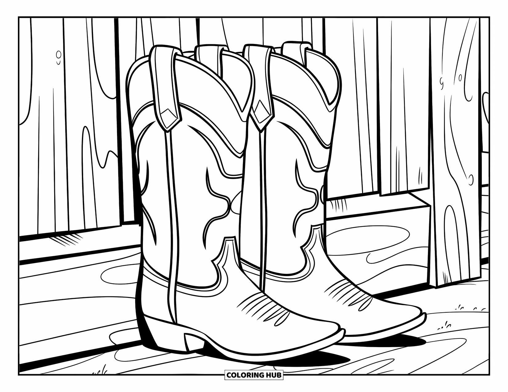 Boots Coloring Page for Kids: Cowboy boots leaning against a barn wall with layered leather accents