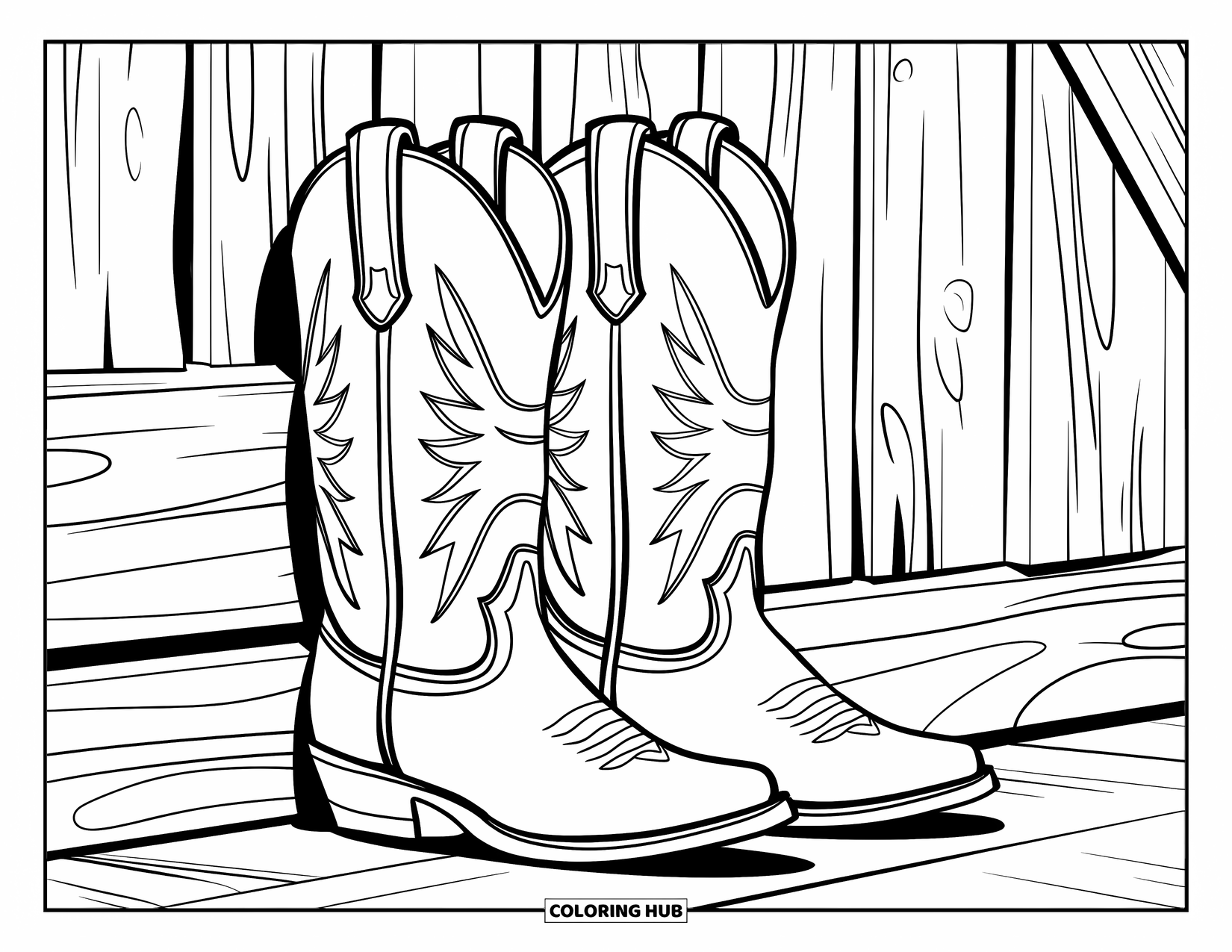 Boots Coloring Page for Kids: Cowboy boots near a weathered barn wall with visible wood grain
