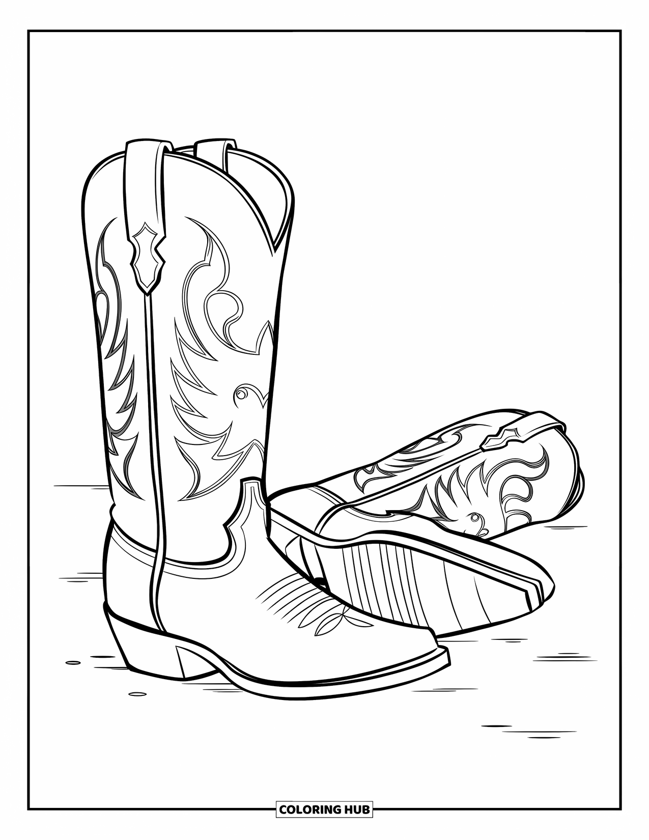 Boots Coloring Page for Kids: Cowboy boots with swirling stitches, one lying slightly askew