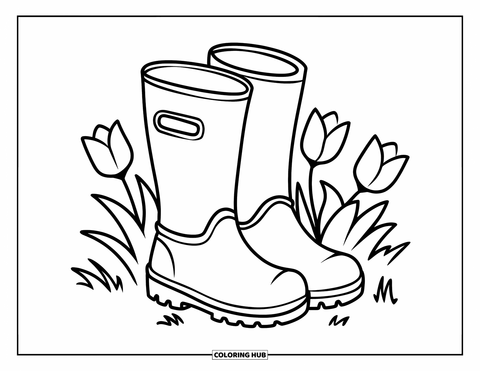 Boots Coloring Page for Kids: Garden boots with moderate tread surrounded by three tulips