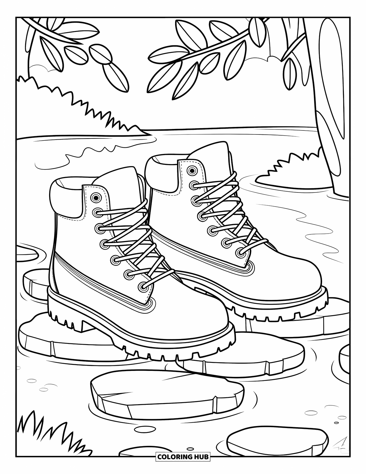 Boots Coloring Page for Kids: Hiking boots on a trail with stepping stones and leafy trees