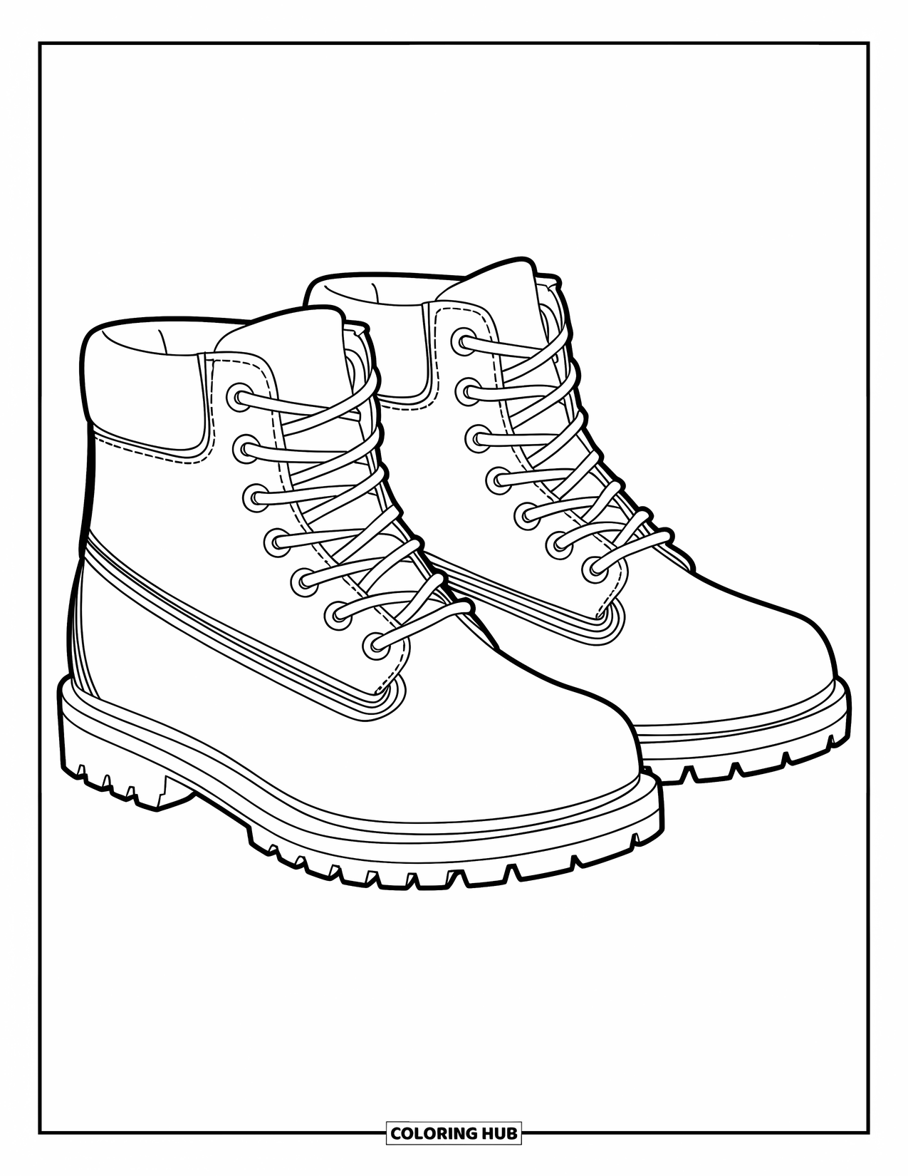 Boots Coloring Page for Kids: Hiking boots with padded ankles and crisscross laces on a white background