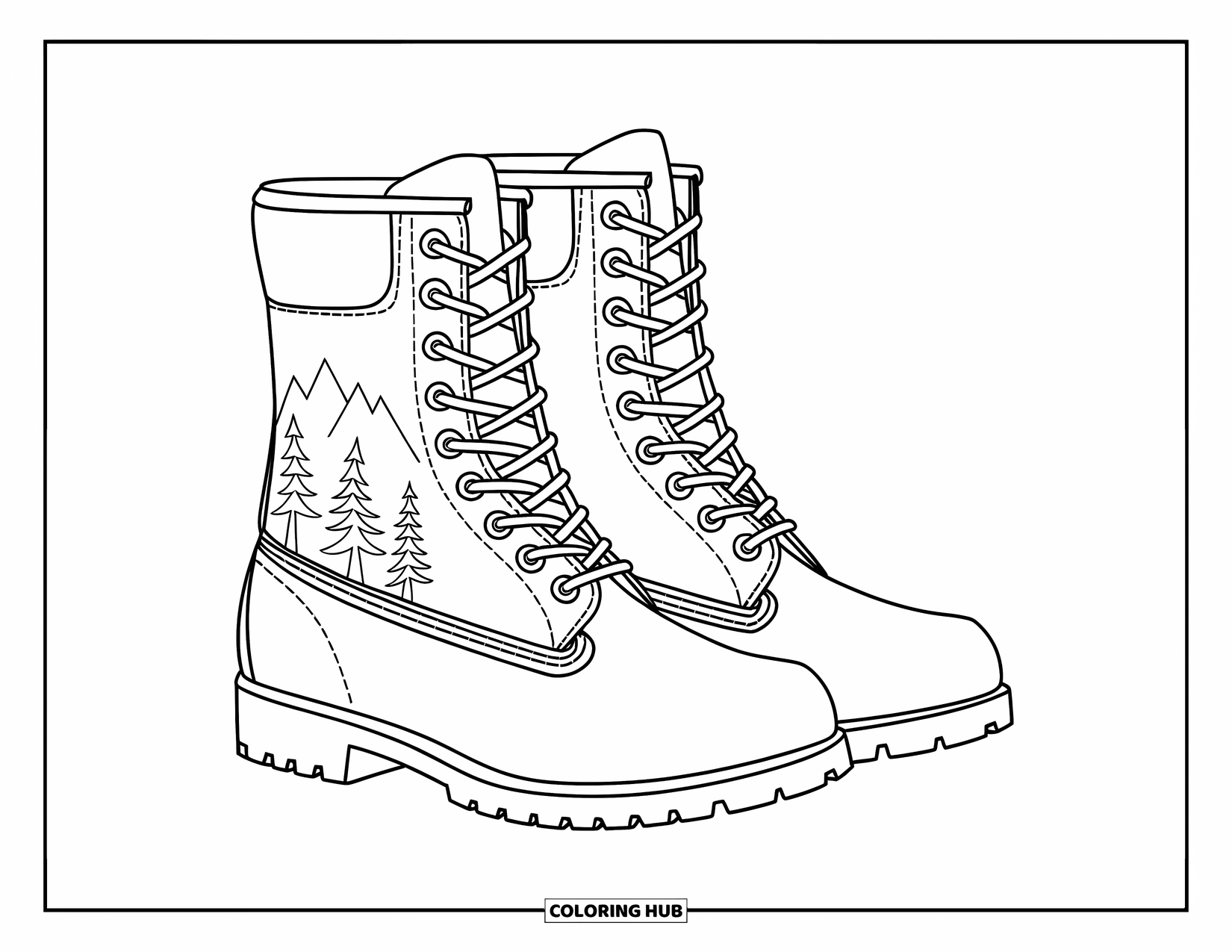 Boots Coloring Page for Kids: Lace-up boots with engraved mountain and pine trees on side panels
