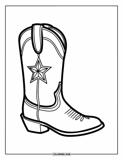 Desen de colorat cu cizme pentru copii: Cizmă cowboy până la jumătatea gambei cu vârf rotund și conturul emblemei stea