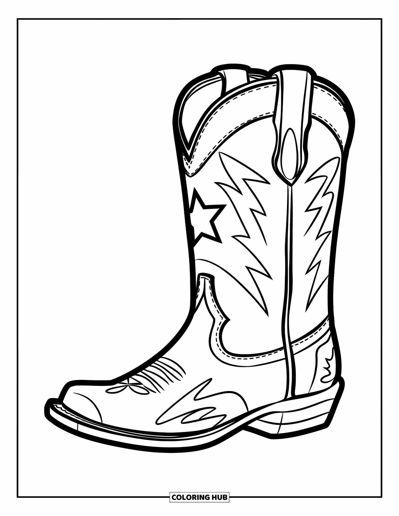 Boots Coloring Page for Kids: Mid-calf cowboy boot with rounded toe and star emblem