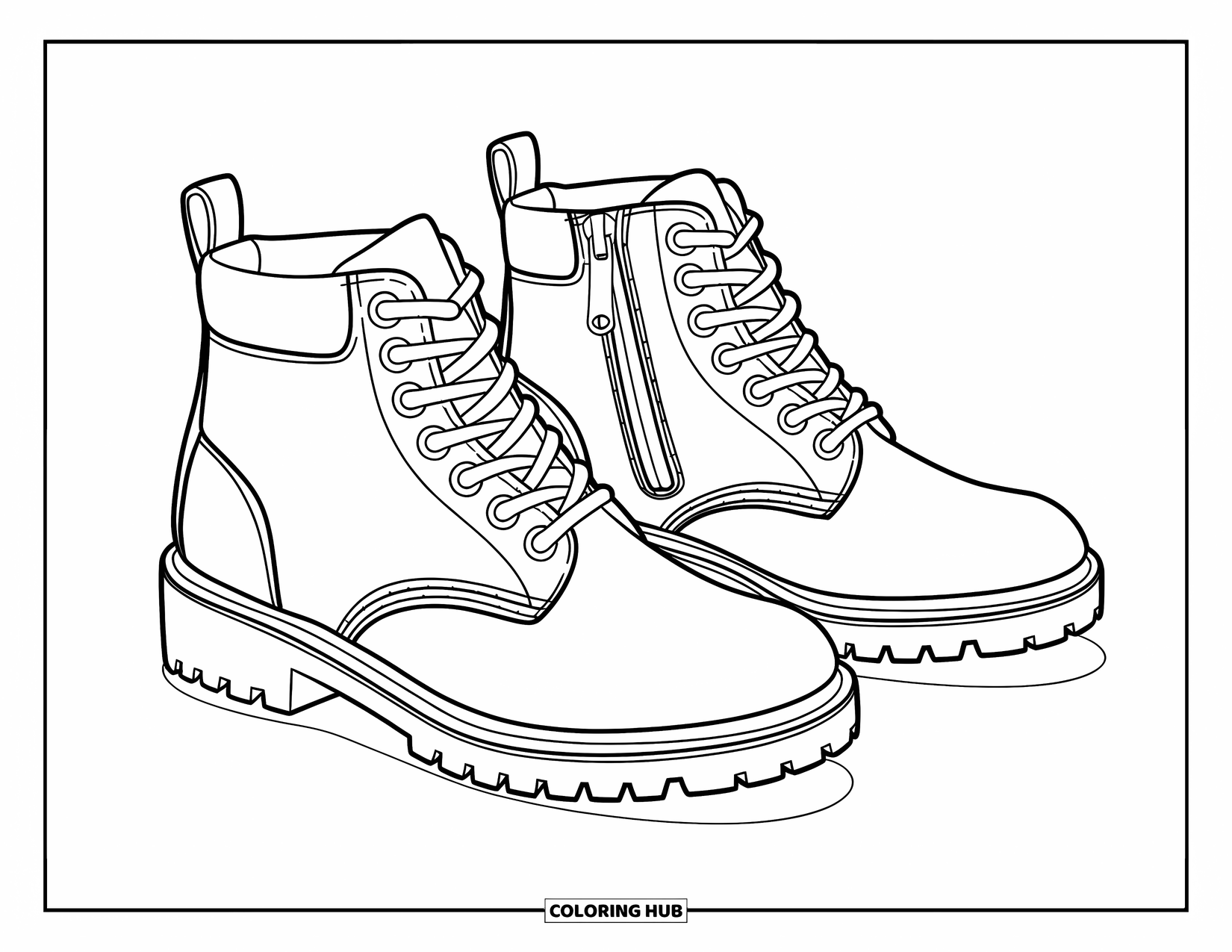 Boots Coloring Page for Kids: Pair of ankle boots with zippers and angled heels