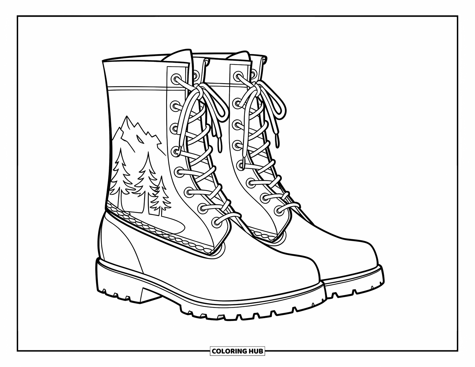 Boots Coloring Page for Kids: Pair of lace-up boots with mountain and pine tree engravings