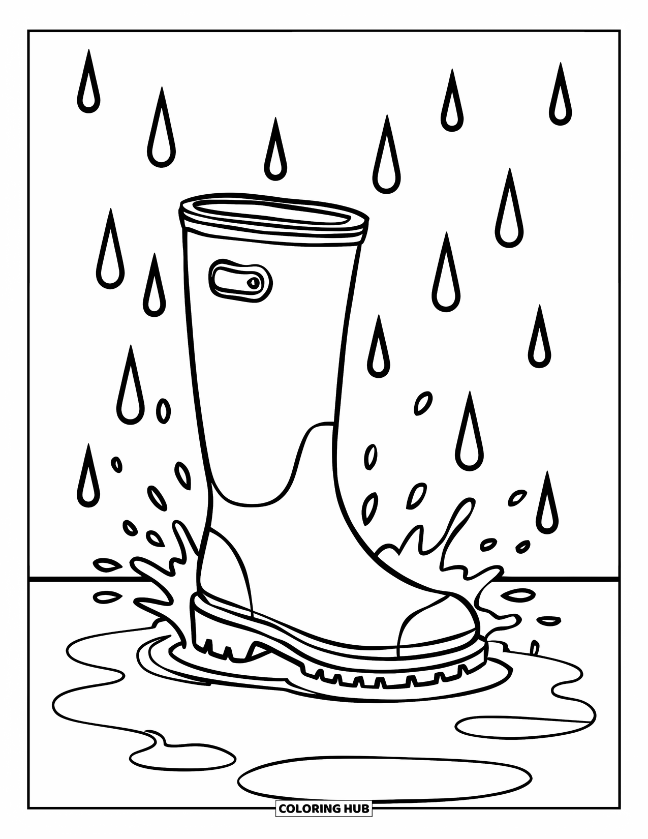 Boots Coloring Page for Kids: Rain boot splashing in a puddle under falling raindrops