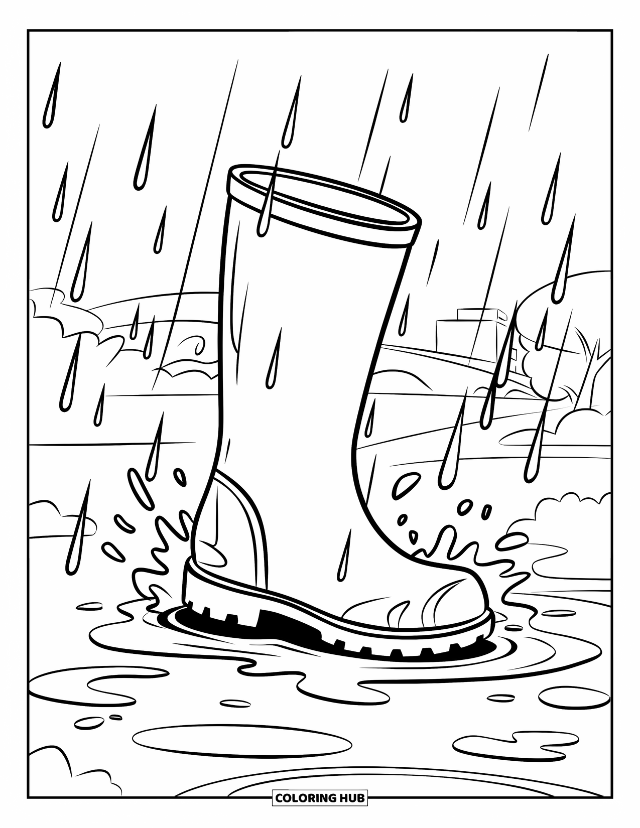 Boots Coloring Page for Kids: Rain boot splashing on wet ground in a rainy countryside