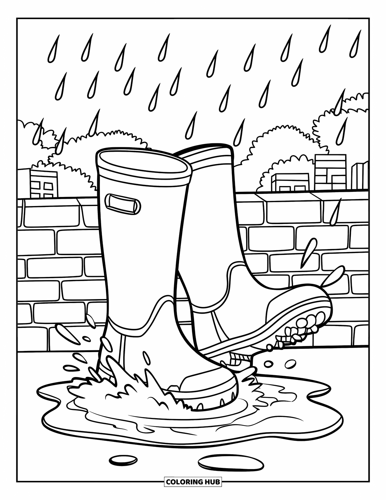 Boots Coloring Page for Kids: Rain boots splashing near a brick wall in a rainy landscape