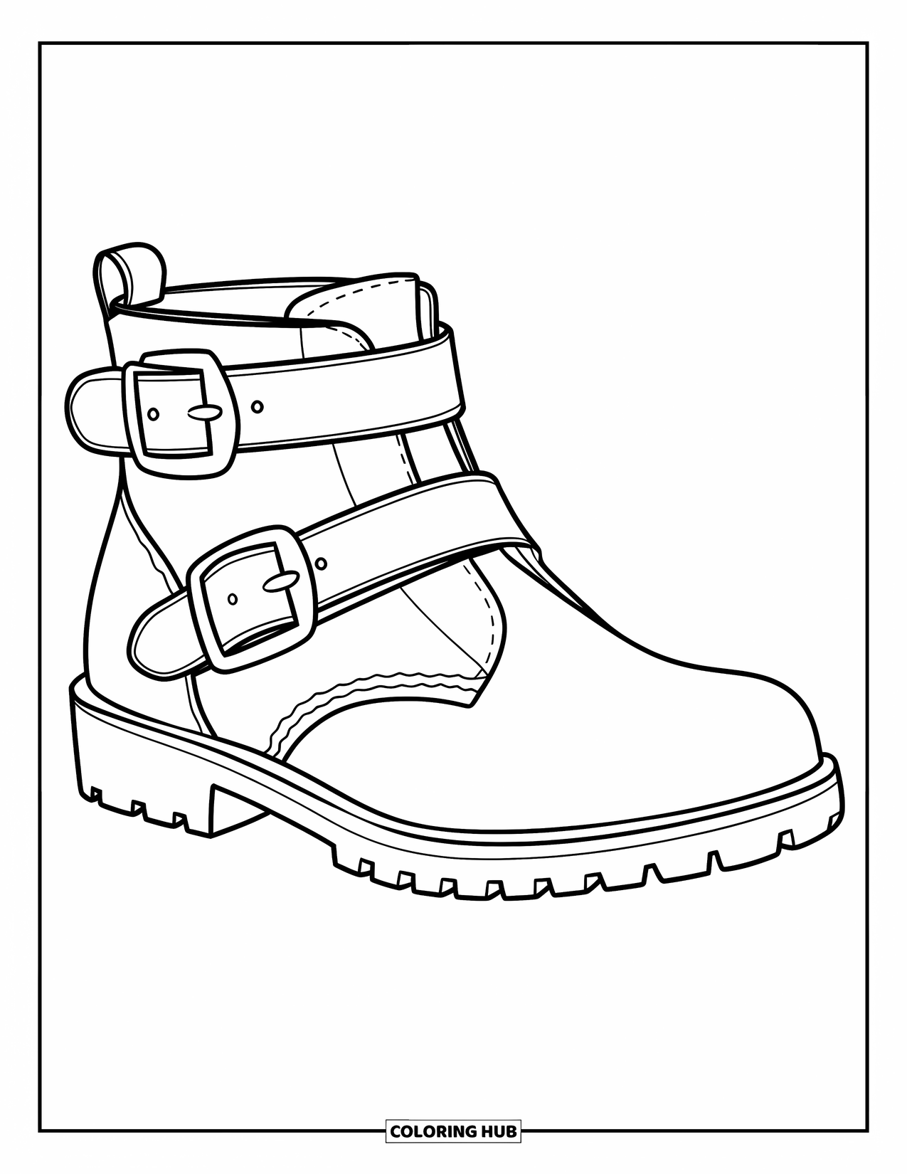 Boots Coloring Page for Kids: Short ankle boot with buckles on a white background
