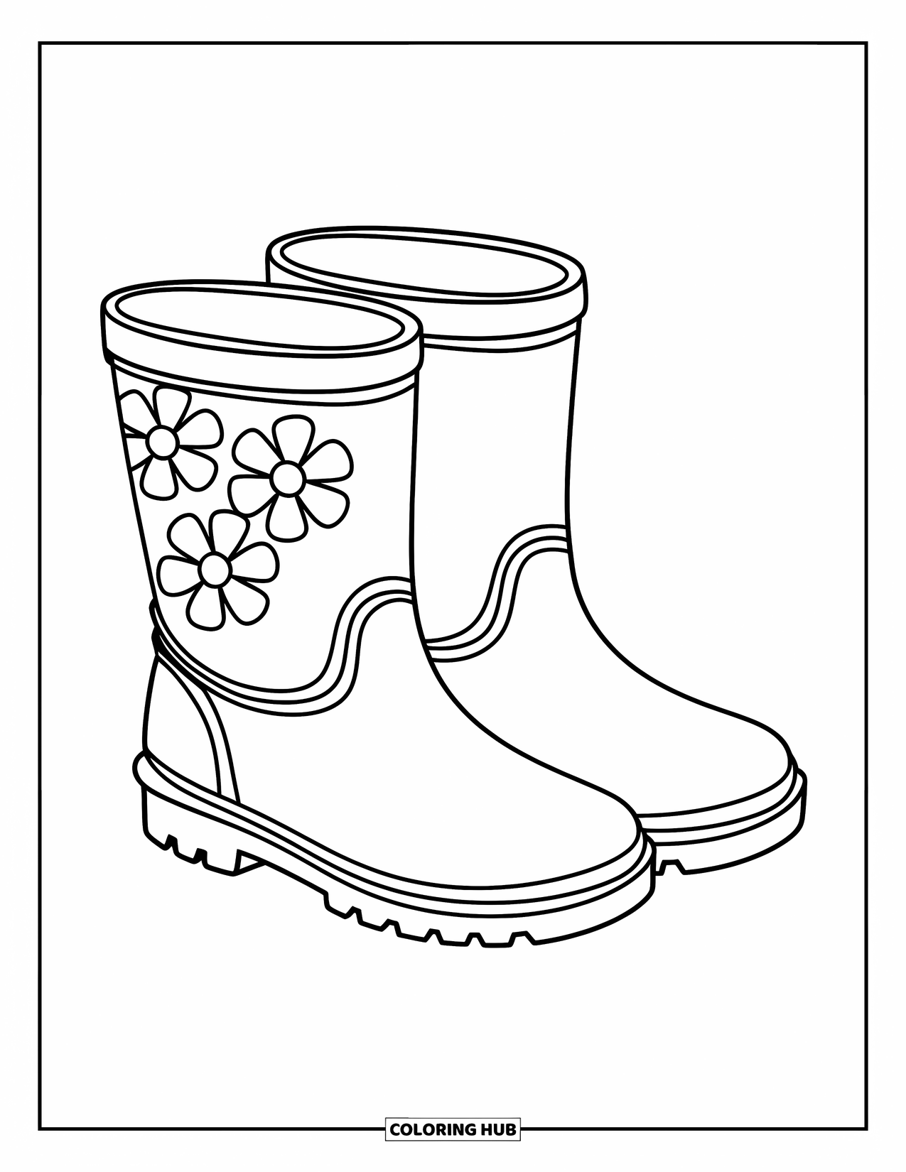 Boots Coloring Page for Kids: Short rain boots with flowers on a simple background