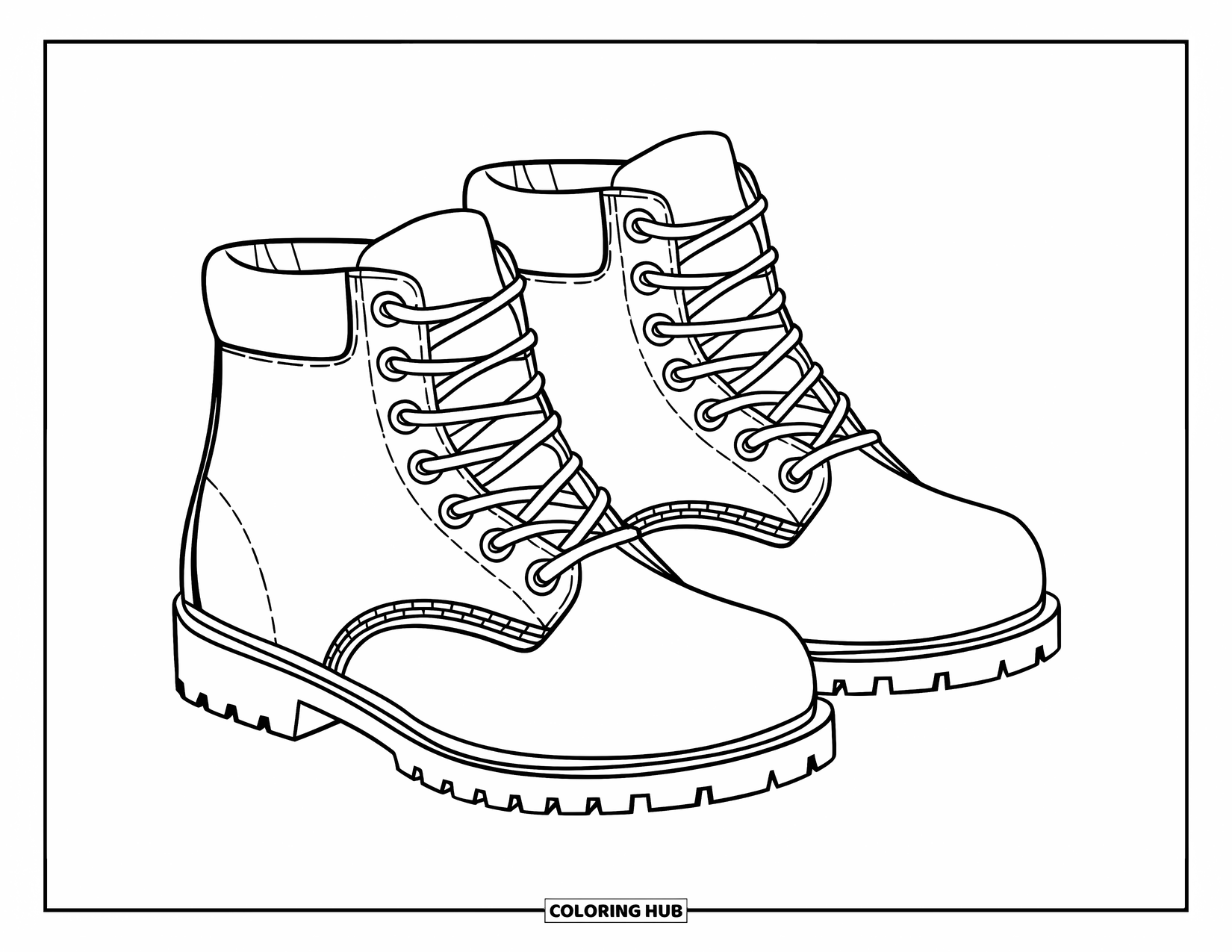 Boots Coloring Page for Kids: Simple hiking boots with wide laces and thick soles for preschoolers