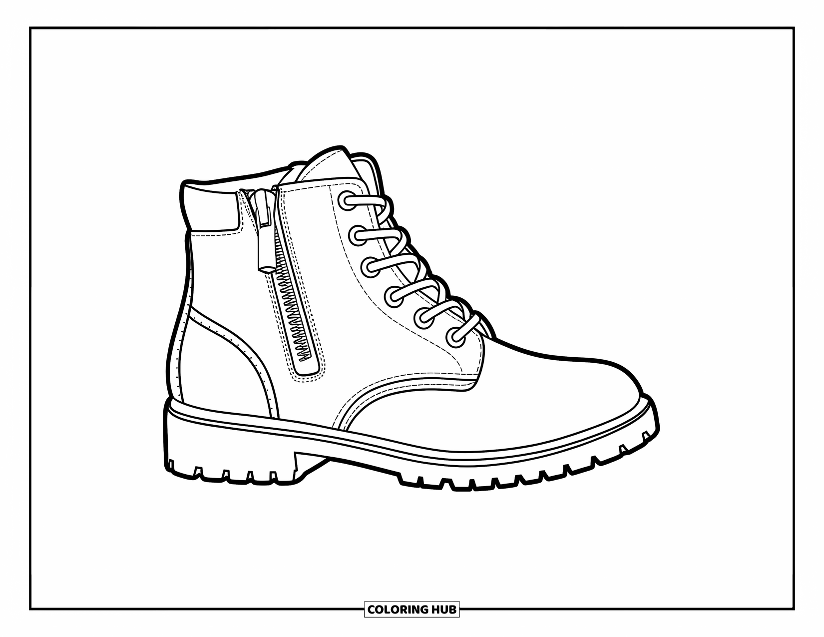 Boots Coloring Page for Kids: Single ankle boot with zipper, panels, and angled heel